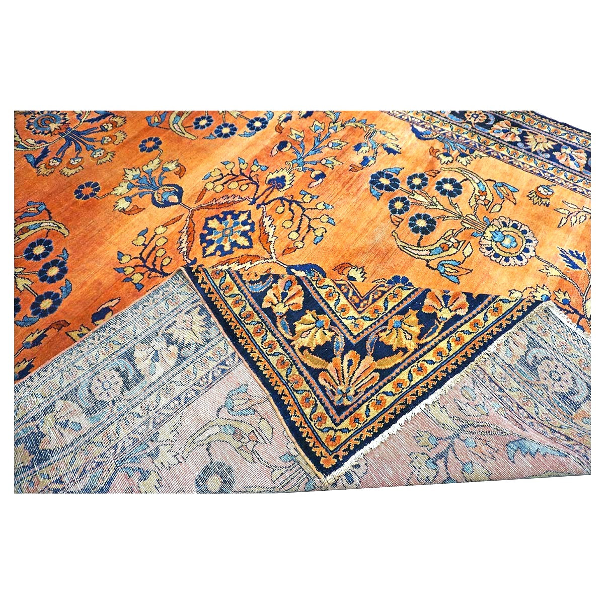 Antique Persian Lilihan Wool 7x10 Orange, Blue & Tan Handmade Area Rug #9902305