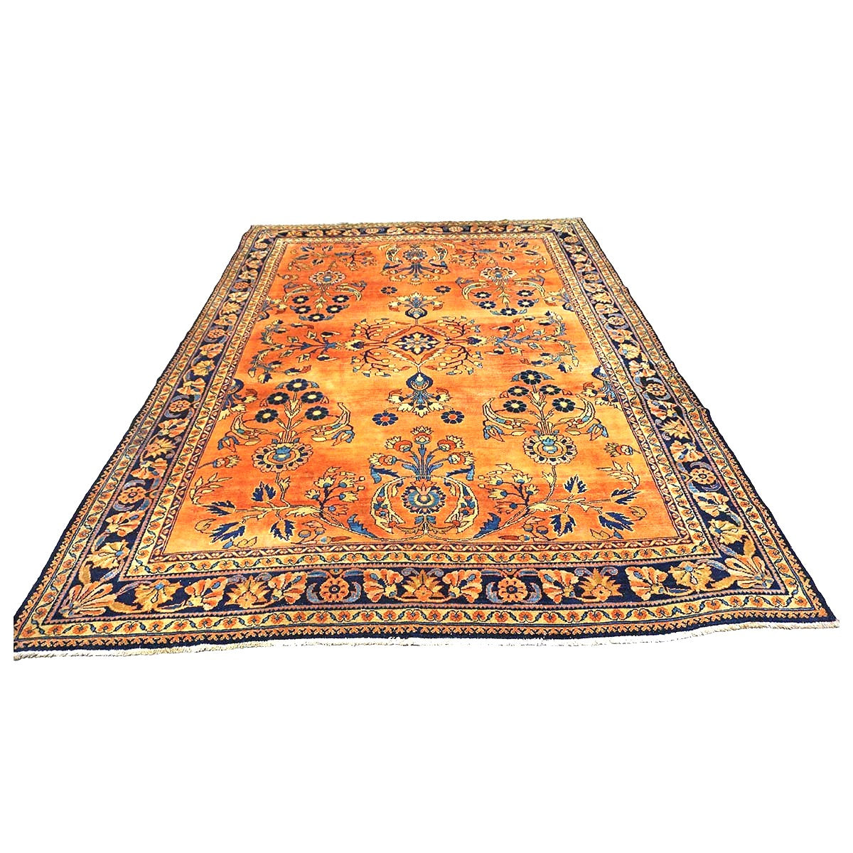 Antique Persian Lilihan Wool 7x10 Orange, Blue & Tan Handmade Area Rug #9902305