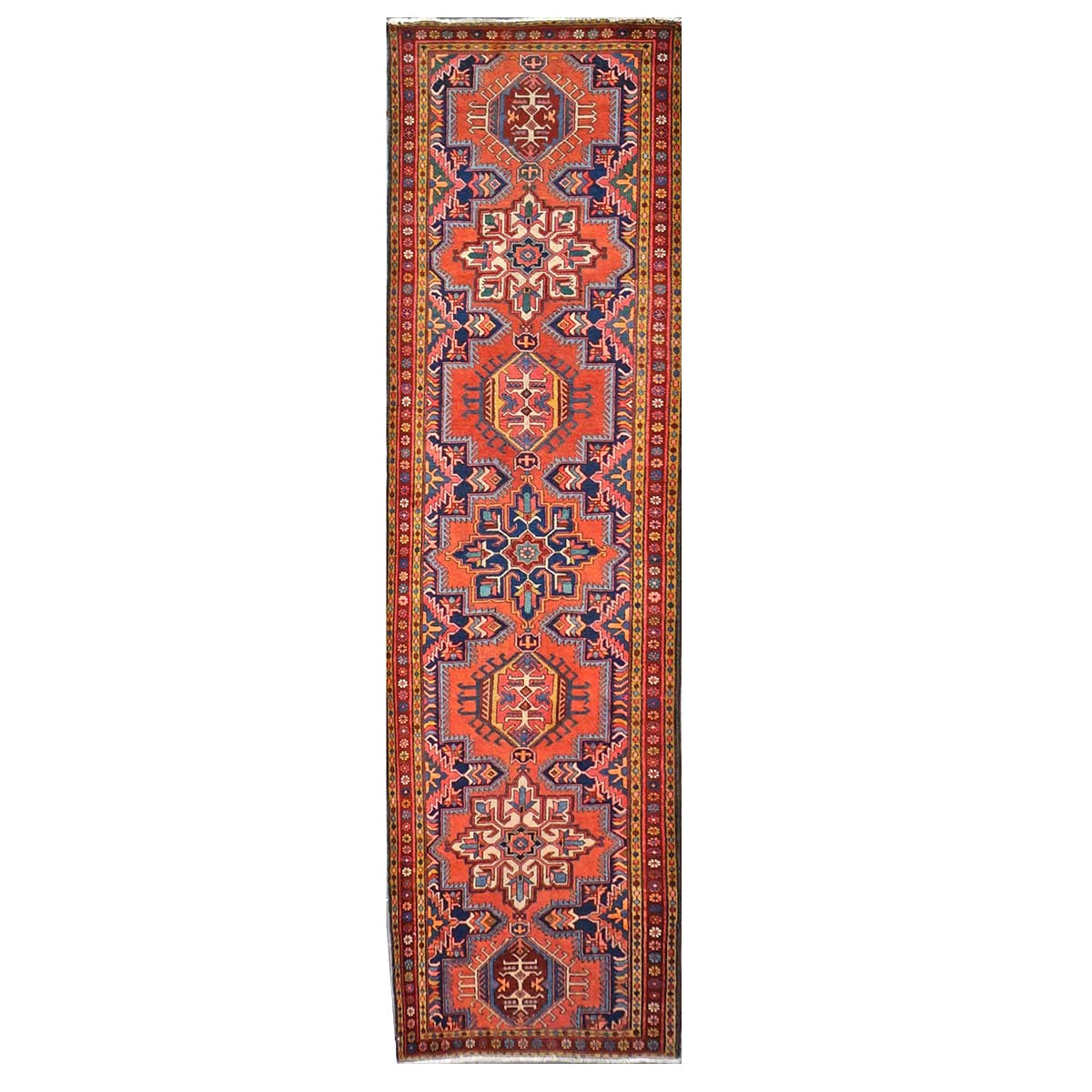 Antique Persian Heriz Wool 3x12 Red, Blue & Orange Handmade Runner Rug #9902312
