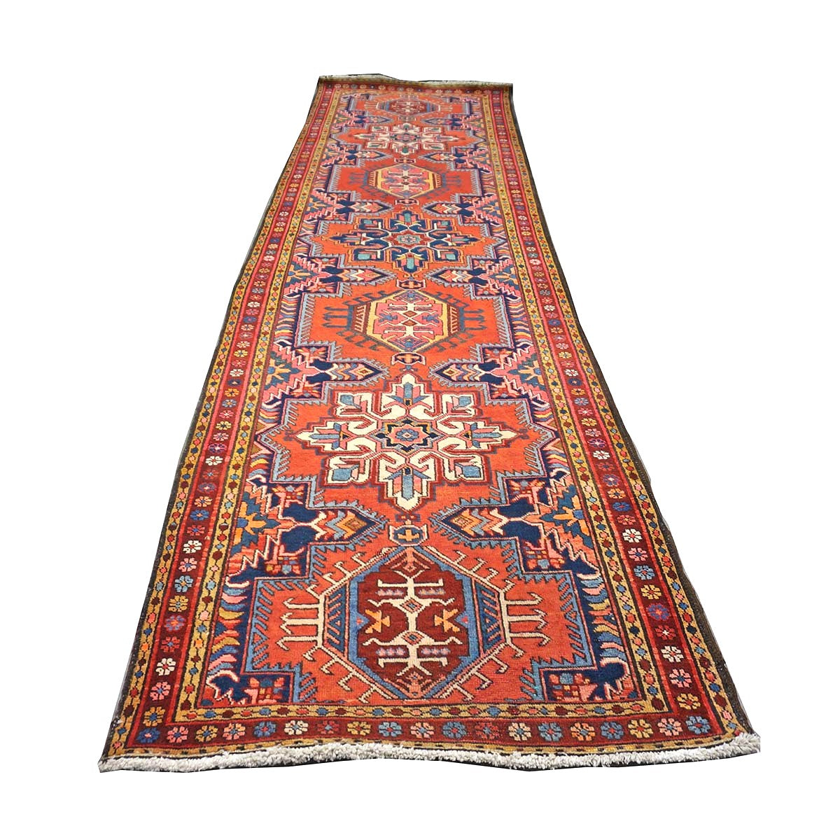 Antique Persian Heriz Wool 3x12 Red, Blue & Orange Handmade Runner Rug #9902312