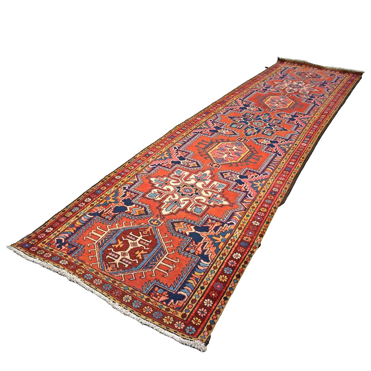 Antique Persian Heriz Wool 3x12 Red, Blue & Orange Handmade Runner Rug #9902312
