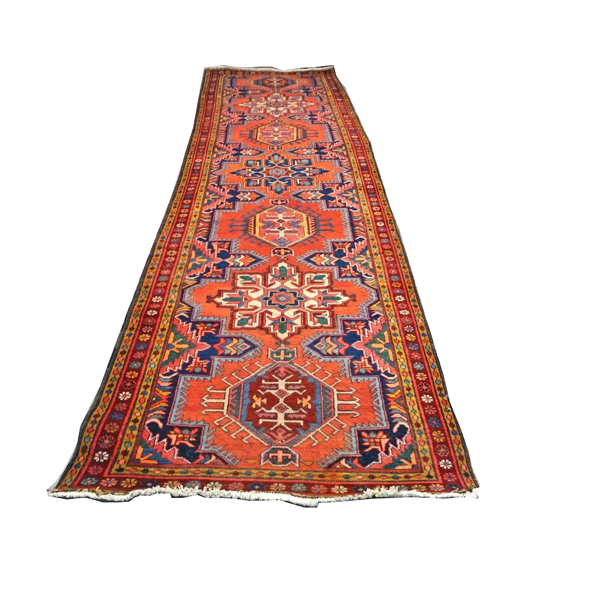 Antique Persian Heriz Wool 3x12 Red, Blue & Orange Handmade Runner Rug #9902312