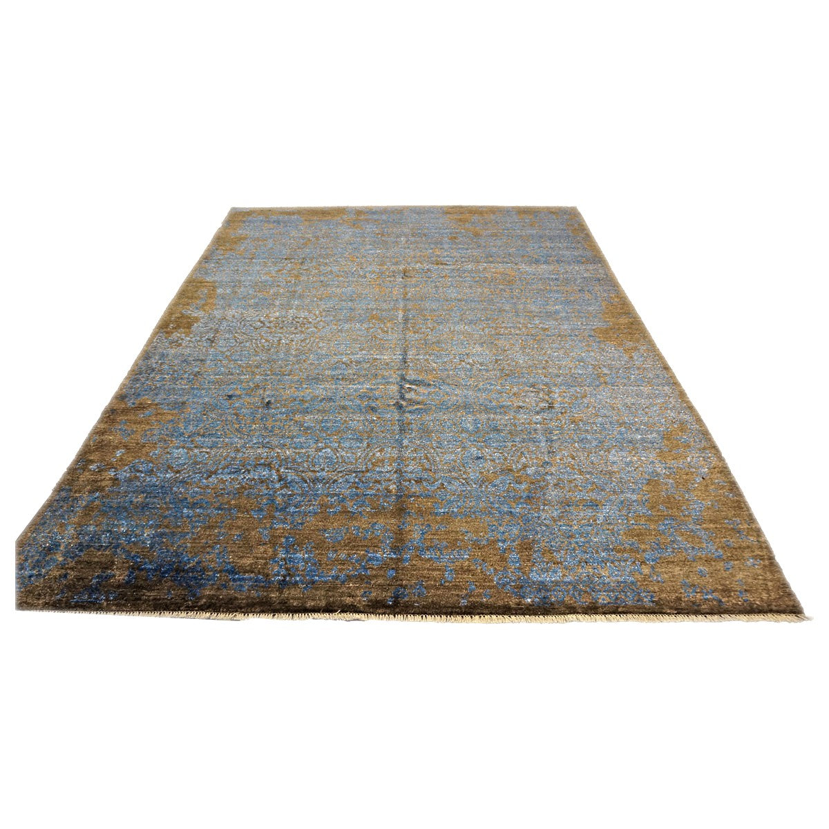 Nepalese Modern Silk 8 x 10 Blue & Golden Brown Handmade Area Rug #9902329