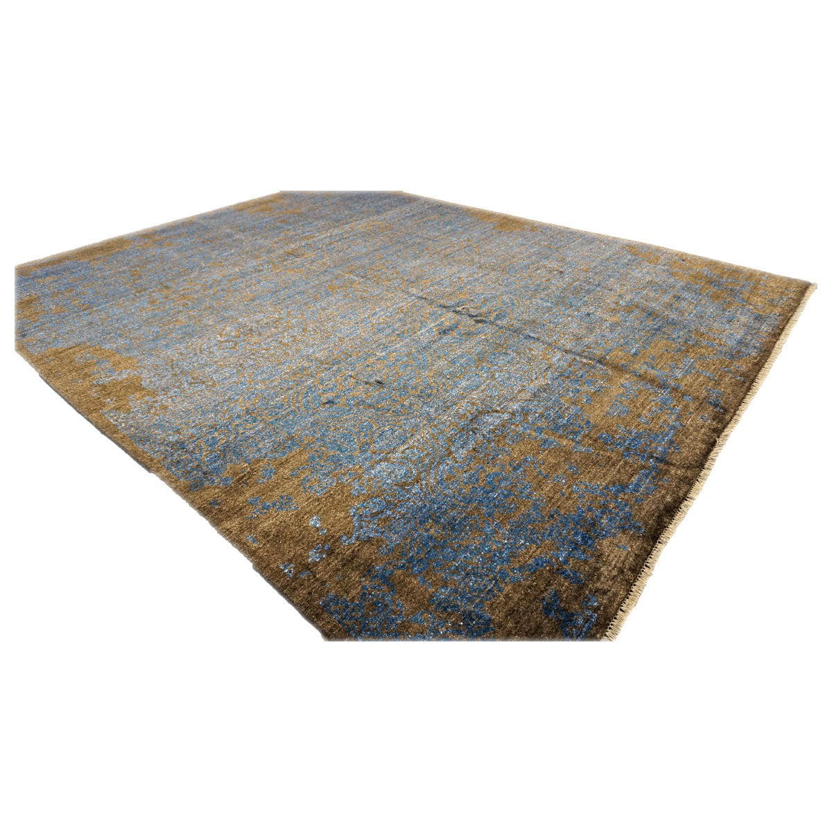 Nepalese Modern Silk 8 x 10 Blue & Golden Brown Handmade Area Rug #9902329