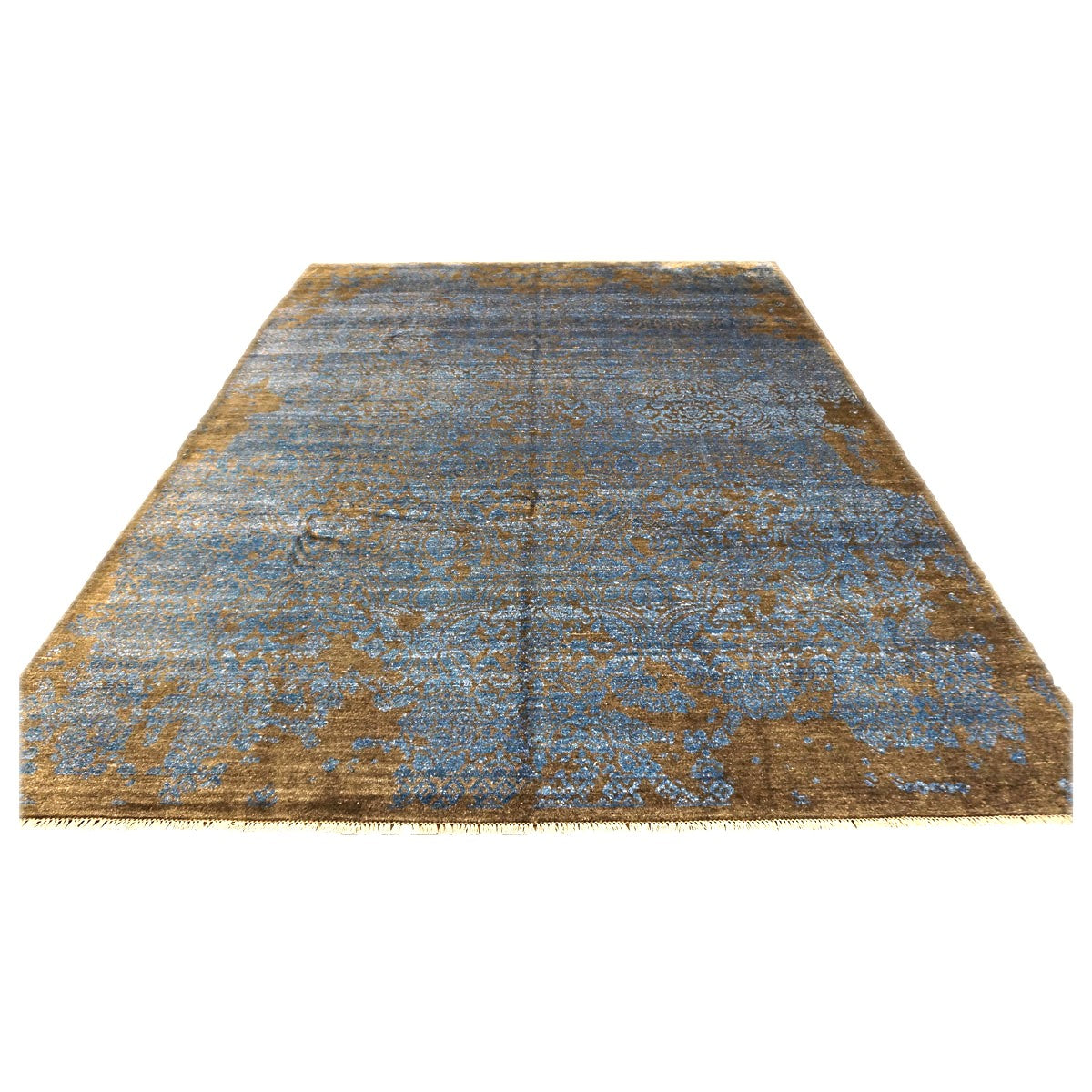 Nepalese Modern Silk 8 x 10 Blue & Golden Brown Handmade Area Rug #9902329