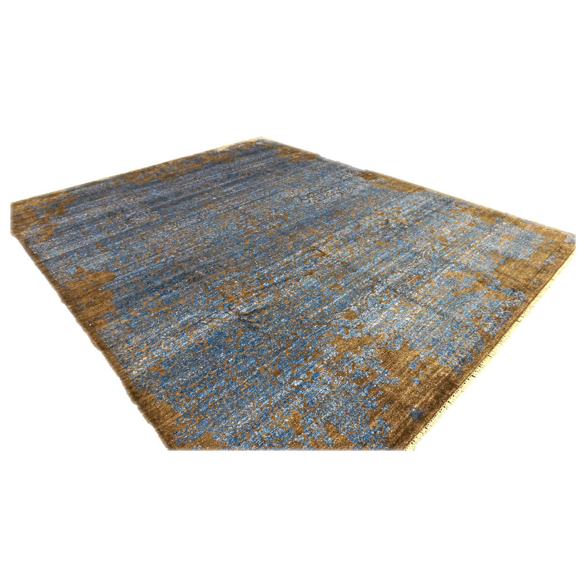 Nepalese Modern Silk 8 x 10 Blue & Golden Brown Handmade Area Rug #9902329