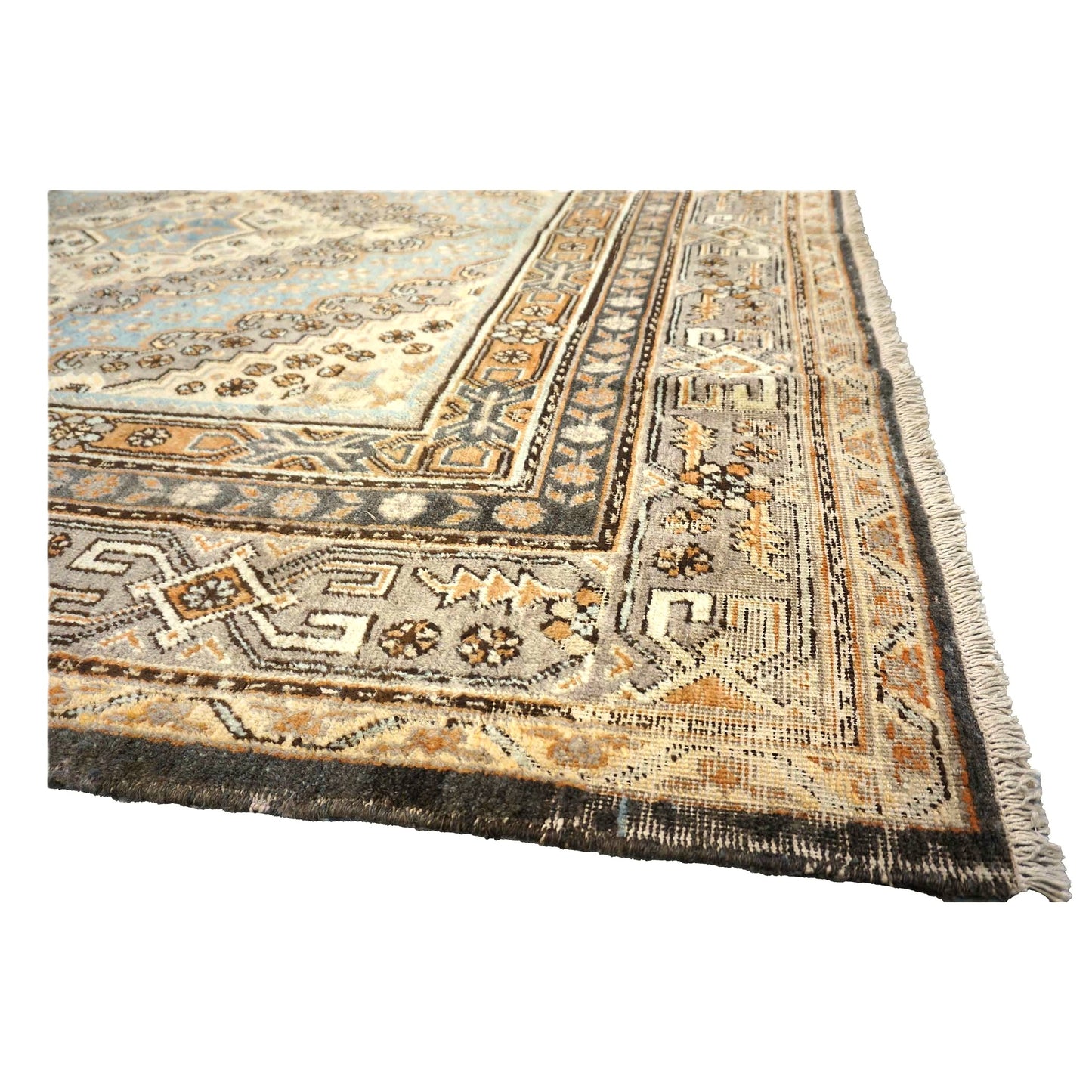 Vintage East Turkestani Khotan Wool 7x13 Taupe & Light Blue Handmade Gallery Rug #9902332