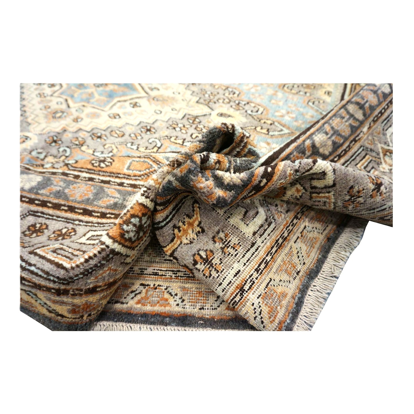 Vintage East Turkestani Khotan Wool 7x13 Taupe & Light Blue Handmade Gallery Rug #9902332