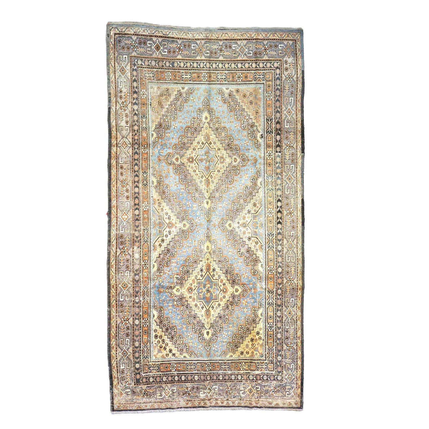 Vintage East Turkestani Khotan Wool 7x13 Taupe & Light Blue Handmade Gallery Rug #9902332