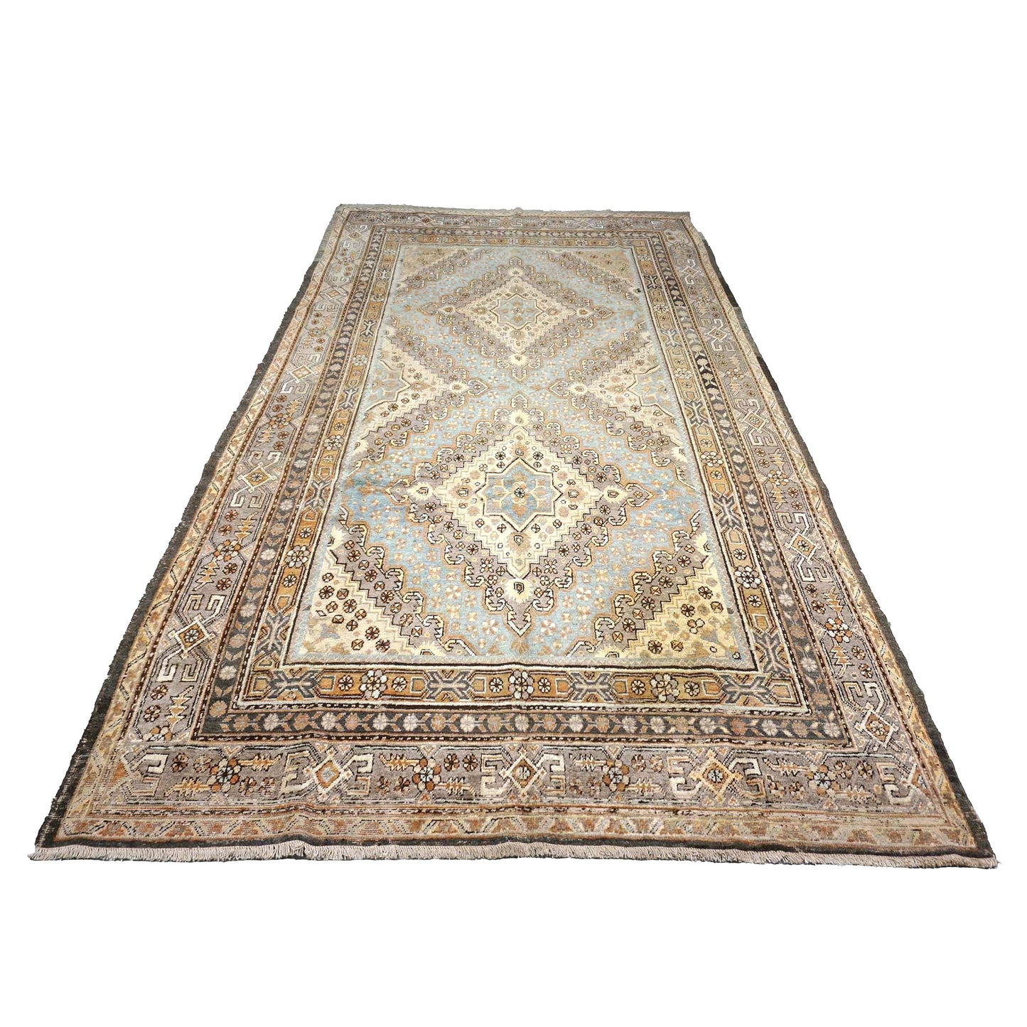 Vintage East Turkestani Khotan Wool 7x13 Taupe & Light Blue Handmade Gallery Rug #9902332