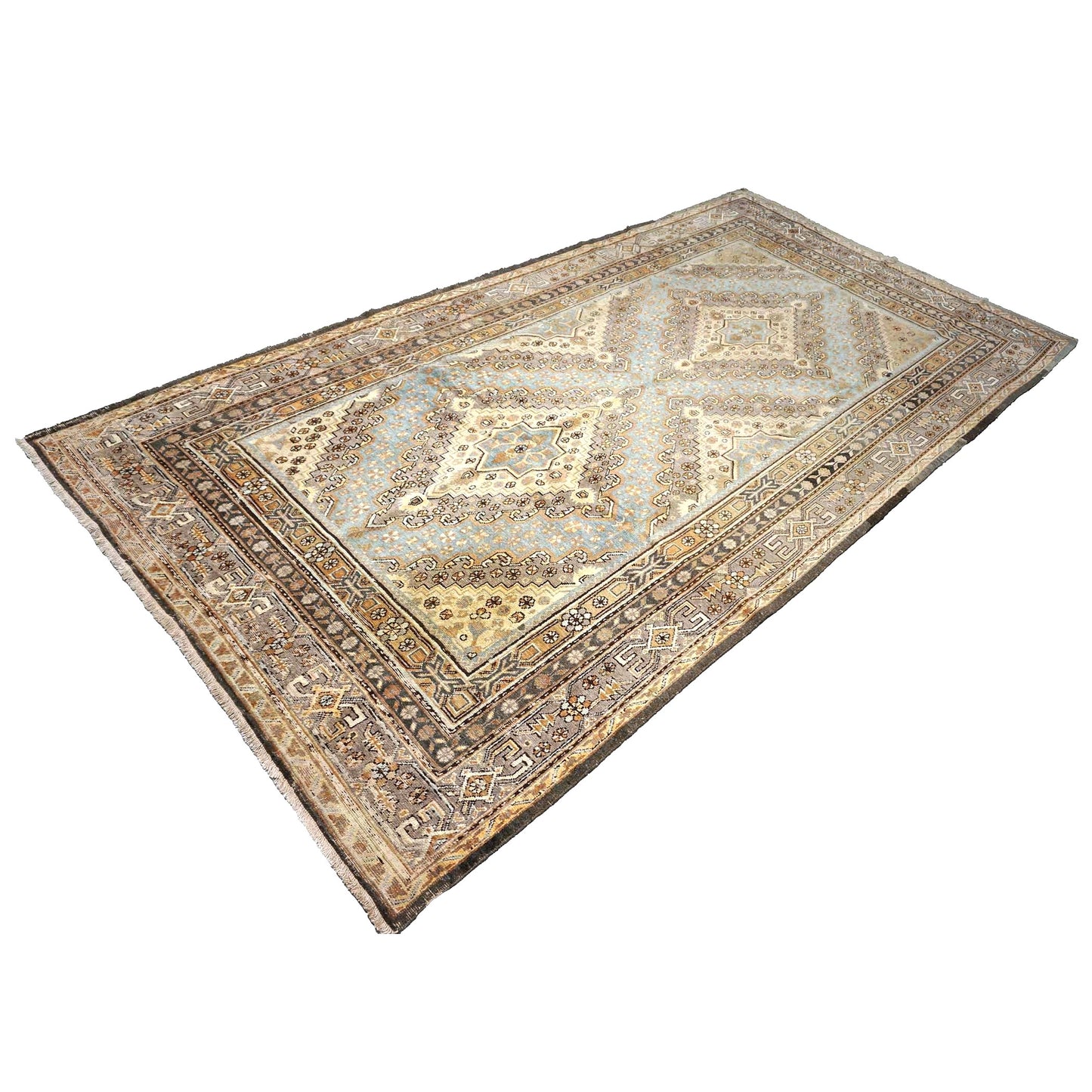 Vintage East Turkestani Khotan Wool 7x13 Taupe & Light Blue Handmade Gallery Rug #9902332