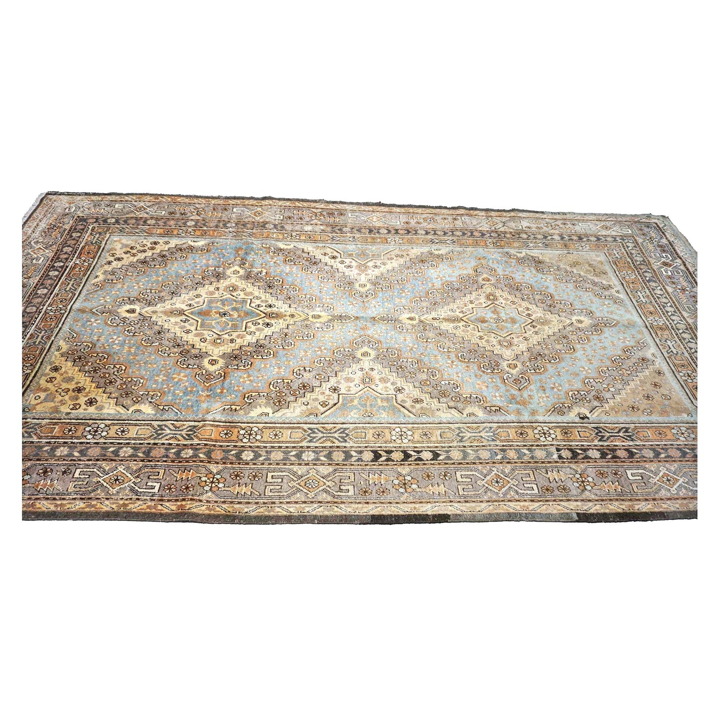 Vintage East Turkestani Khotan Wool 7x13 Taupe & Light Blue Handmade Gallery Rug #9902332