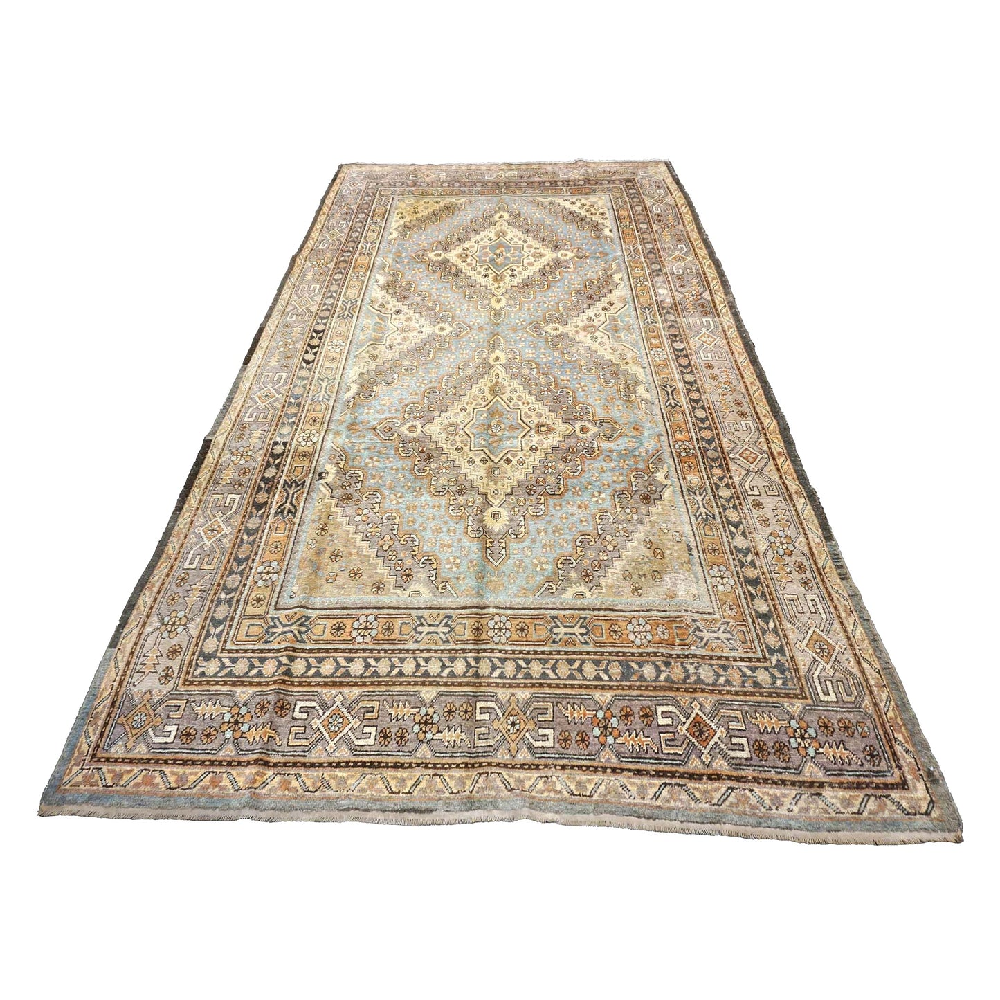 Vintage East Turkestani Khotan Wool 7x13 Taupe & Light Blue Handmade Gallery Rug #9902332