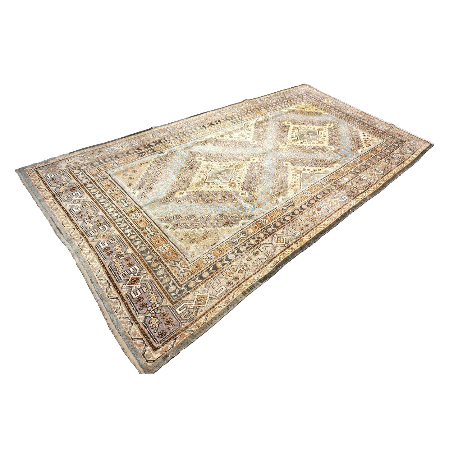 Vintage East Turkestani Khotan Wool 7x13 Taupe & Light Blue Handmade Gallery Rug #9902332