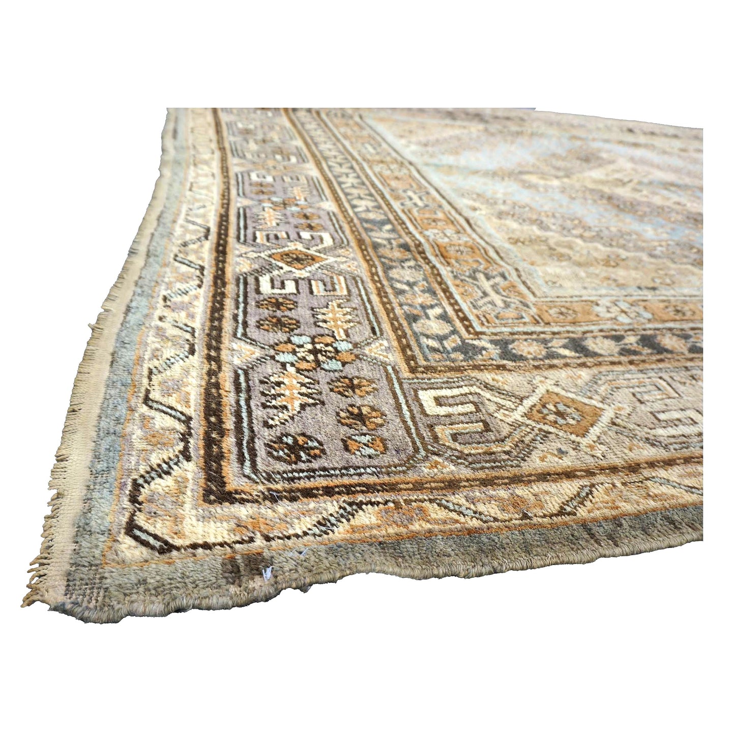 Vintage East Turkestani Khotan Wool 7x13 Taupe & Light Blue Handmade Gallery Rug #9902332