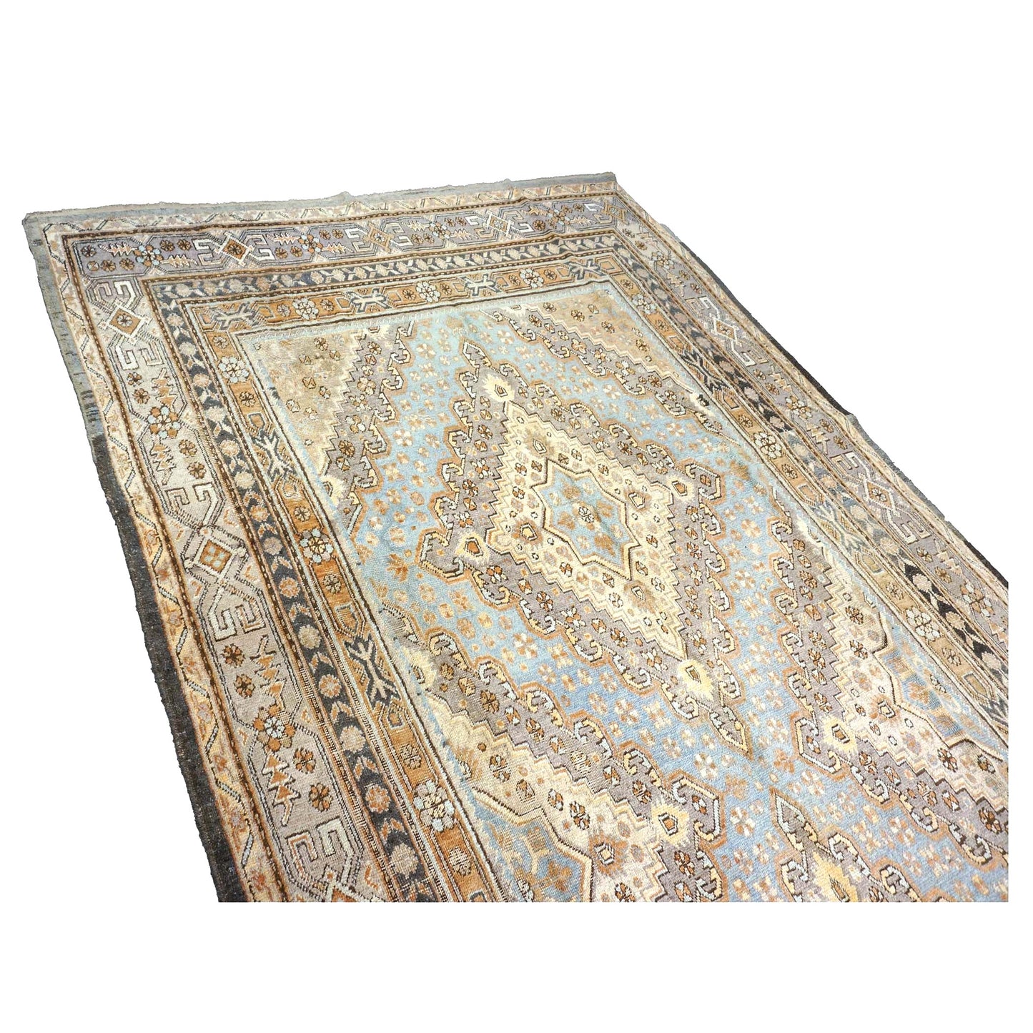 Vintage East Turkestani Khotan Wool 7x13 Taupe & Light Blue Handmade Gallery Rug #9902332