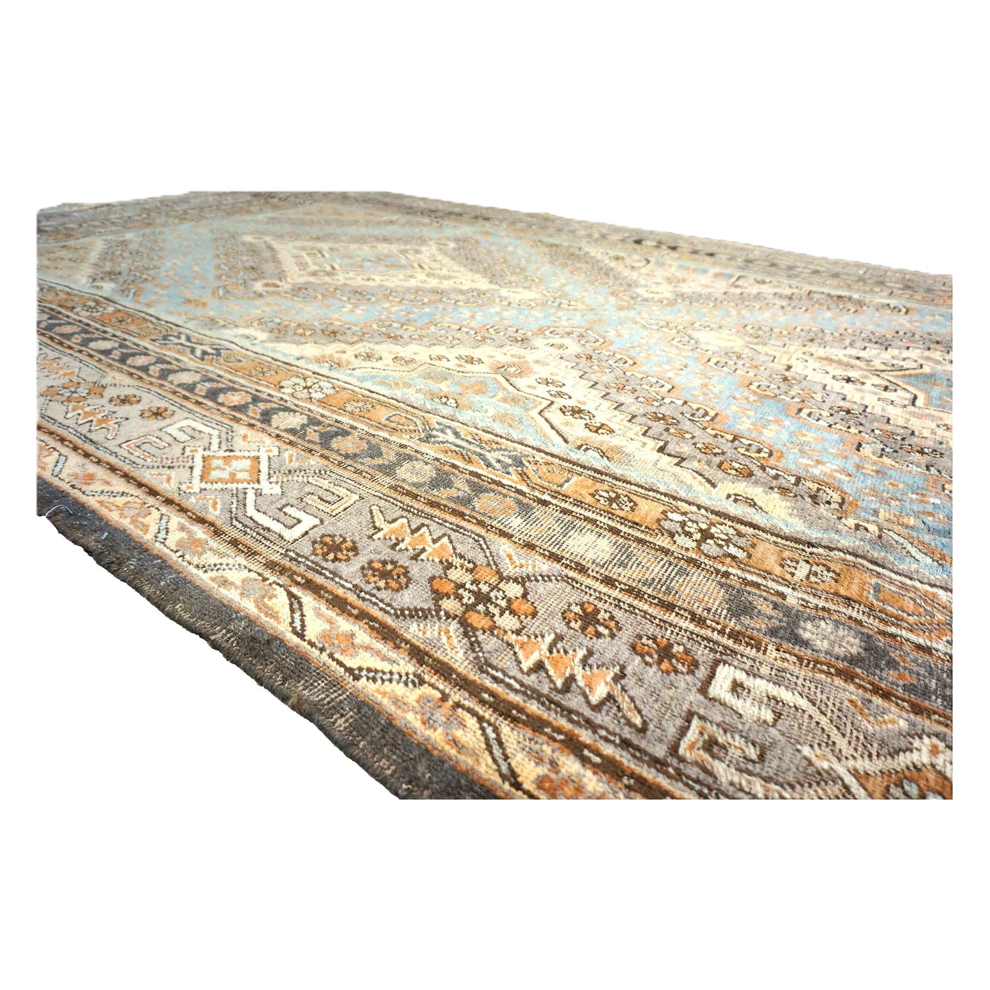 Vintage East Turkestani Khotan Wool 7x13 Taupe & Light Blue Handmade Gallery Rug #9902332