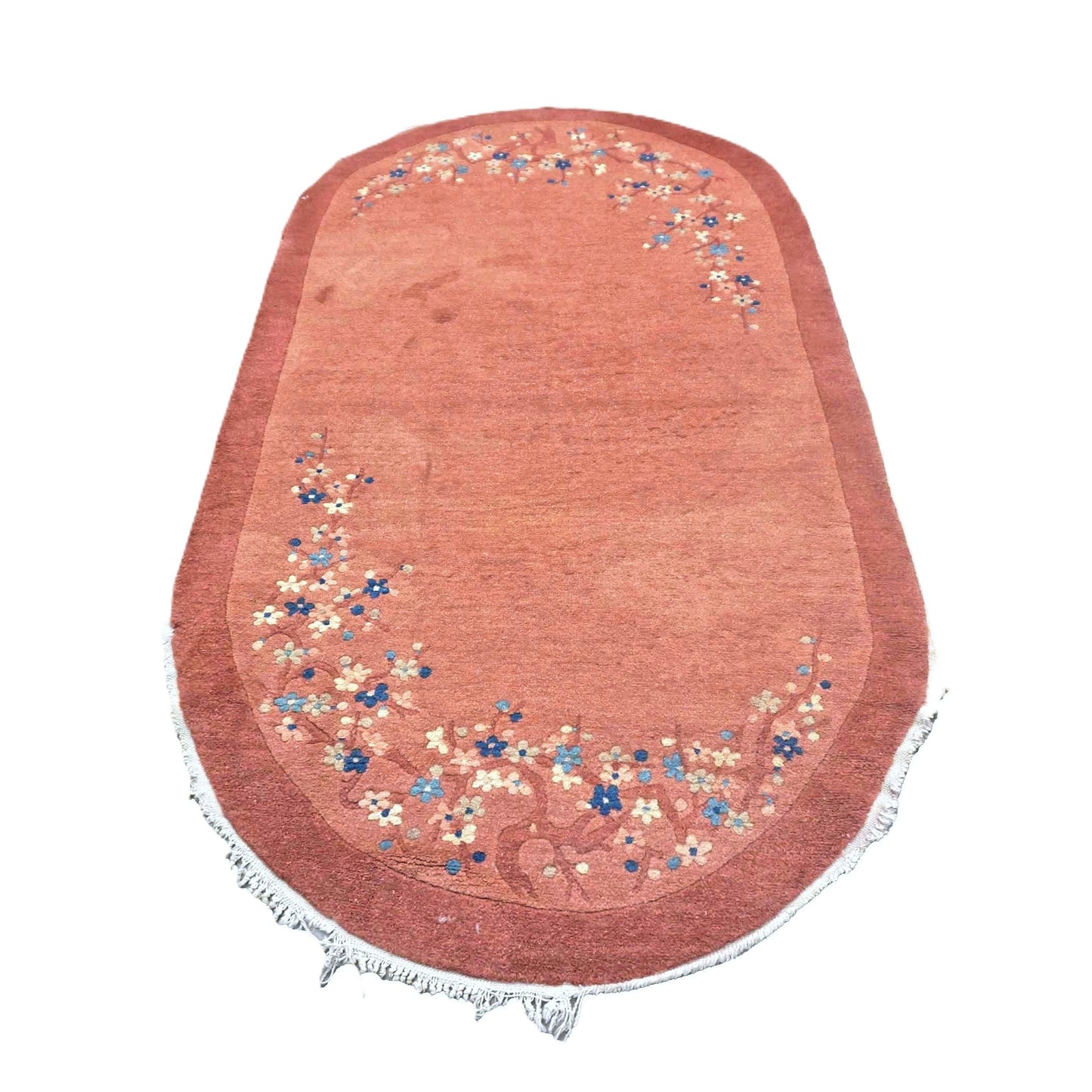 Antique Chinese Art Deco Wool 3x6 Pink Handmade Oval Runner Rug # 9902337