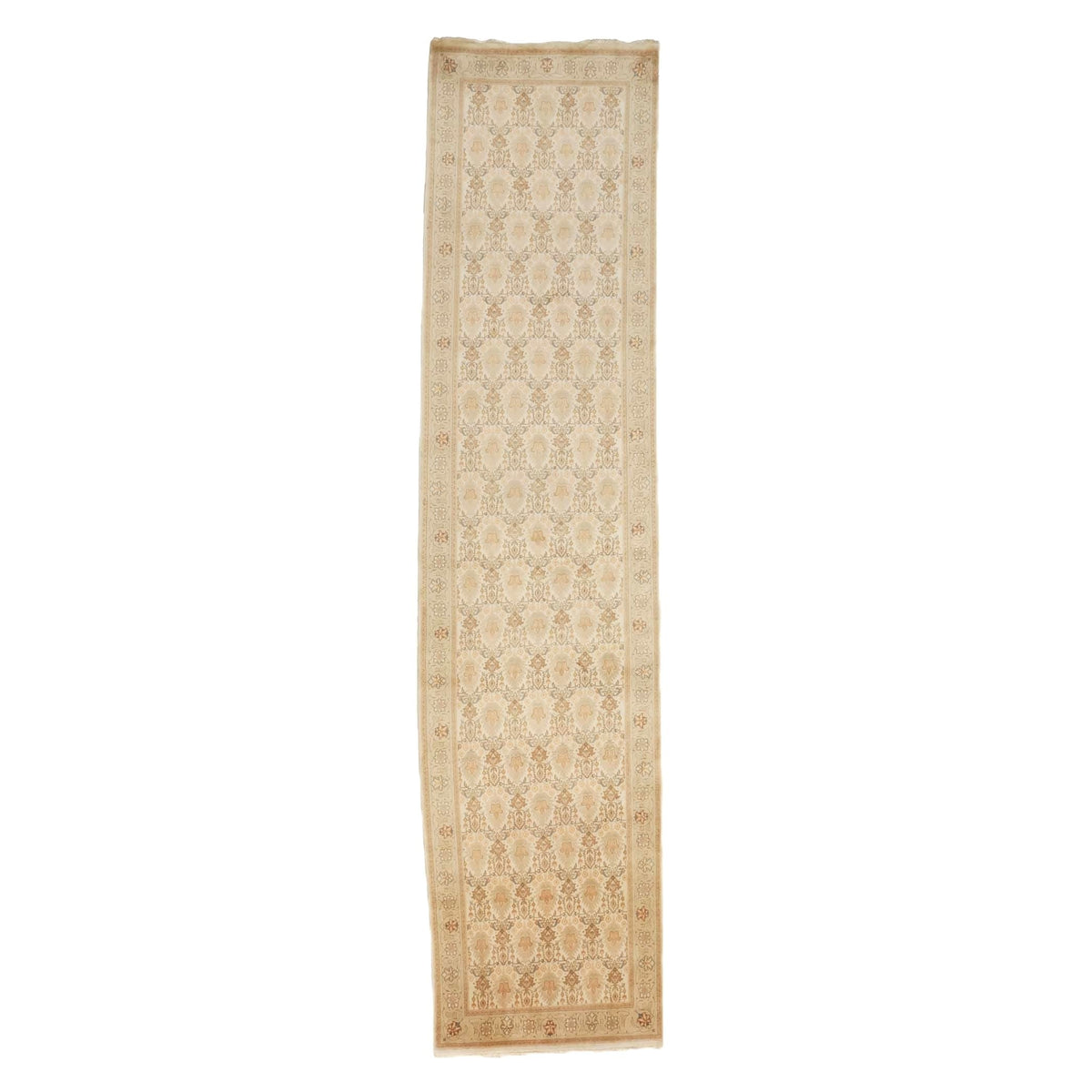 Antique Persian Tabriz Wool 3x13 Tan, Ivory & Teal Handmade Runner Rug #9902369