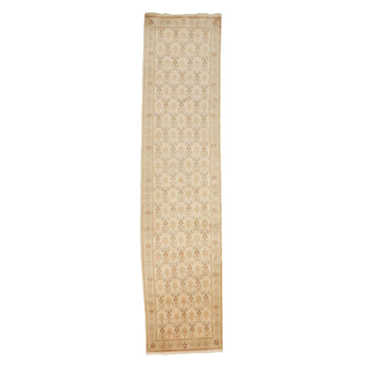 Antique Persian Tabriz Wool 3x13 Tan, Ivory & Teal Handmade Runner Rug #9902369