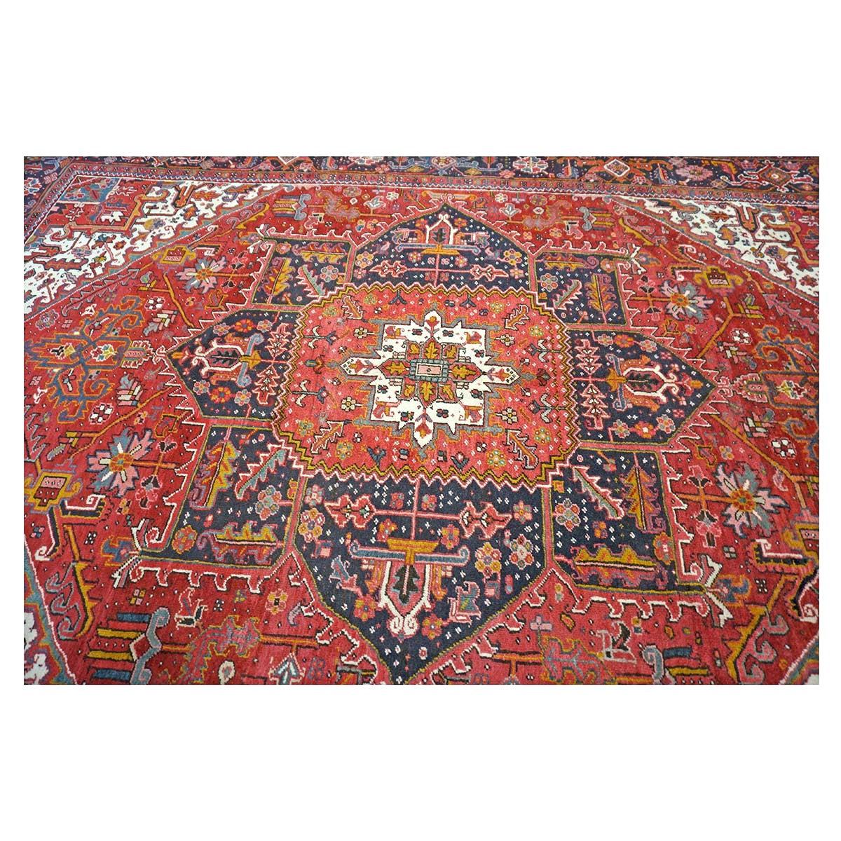 Antique Persian Heriz Wool 9x13 Red, Navy & Ivory Handmade Area Rug #9902430