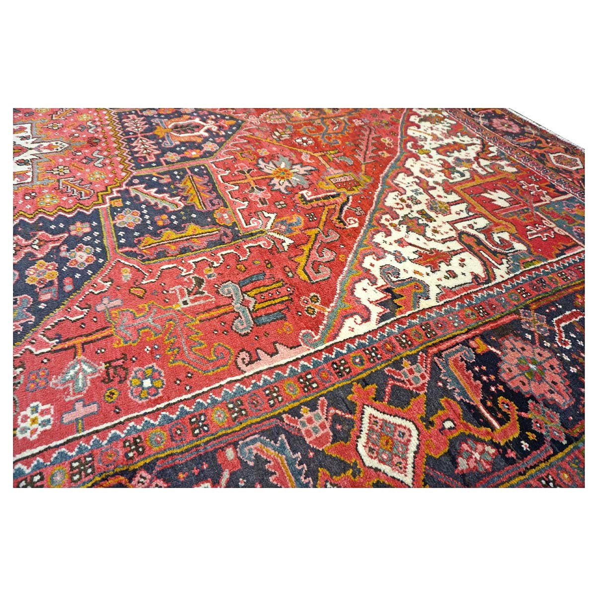 Antique Persian Heriz Wool 9x13 Red, Navy & Ivory Handmade Area Rug #9902430