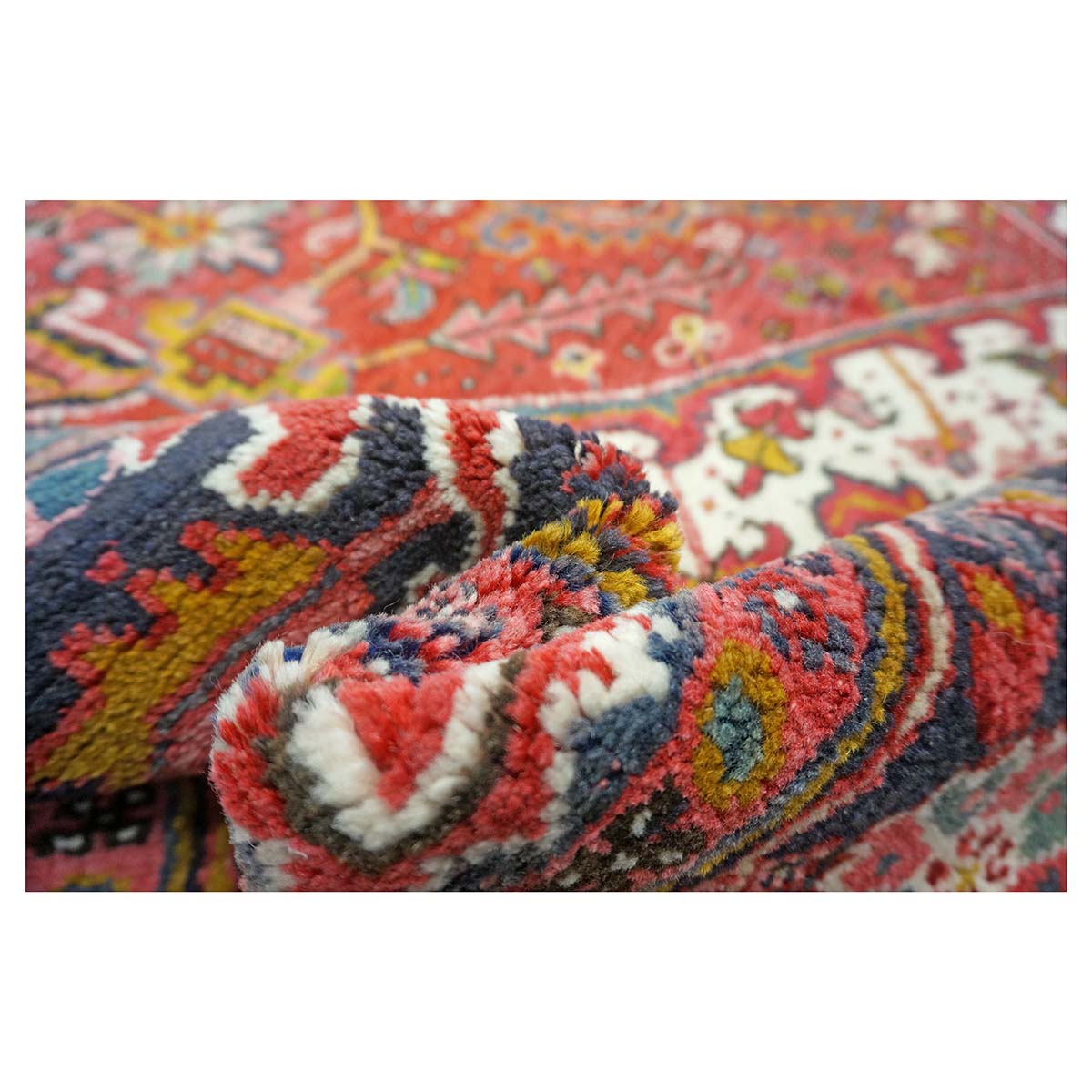 Antique Persian Heriz Wool 9x13 Red, Navy & Ivory Handmade Area Rug #9902430
