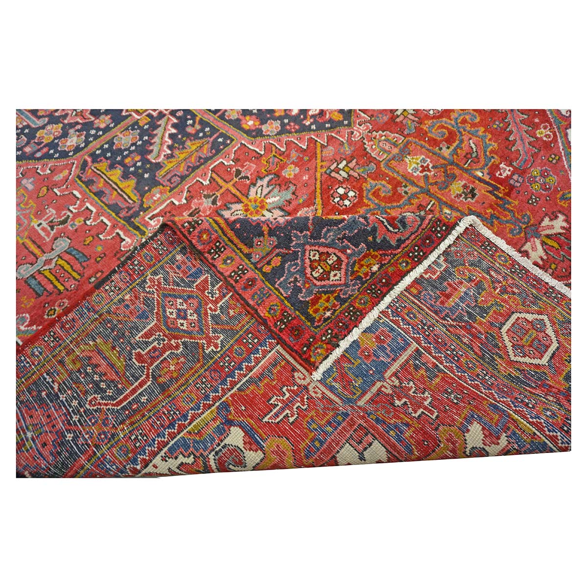 Antique Persian Heriz Wool 9x13 Red, Navy & Ivory Handmade Area Rug #9902430