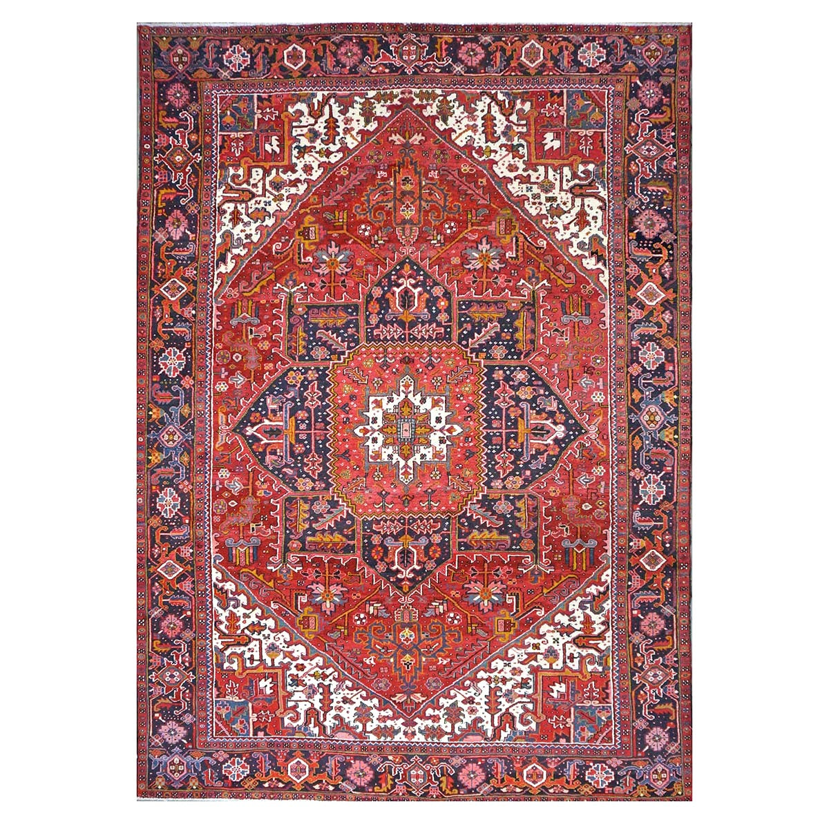 Antique Persian Heriz Wool 9x13 Red, Navy & Ivory Handmade Area Rug #9902430