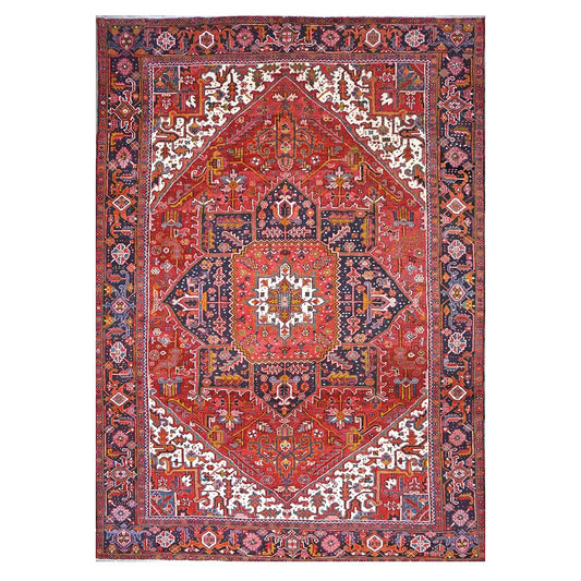 Antique Persian Heriz Wool 9x13 Red, Navy & Ivory Handmade Area Rug #9902430