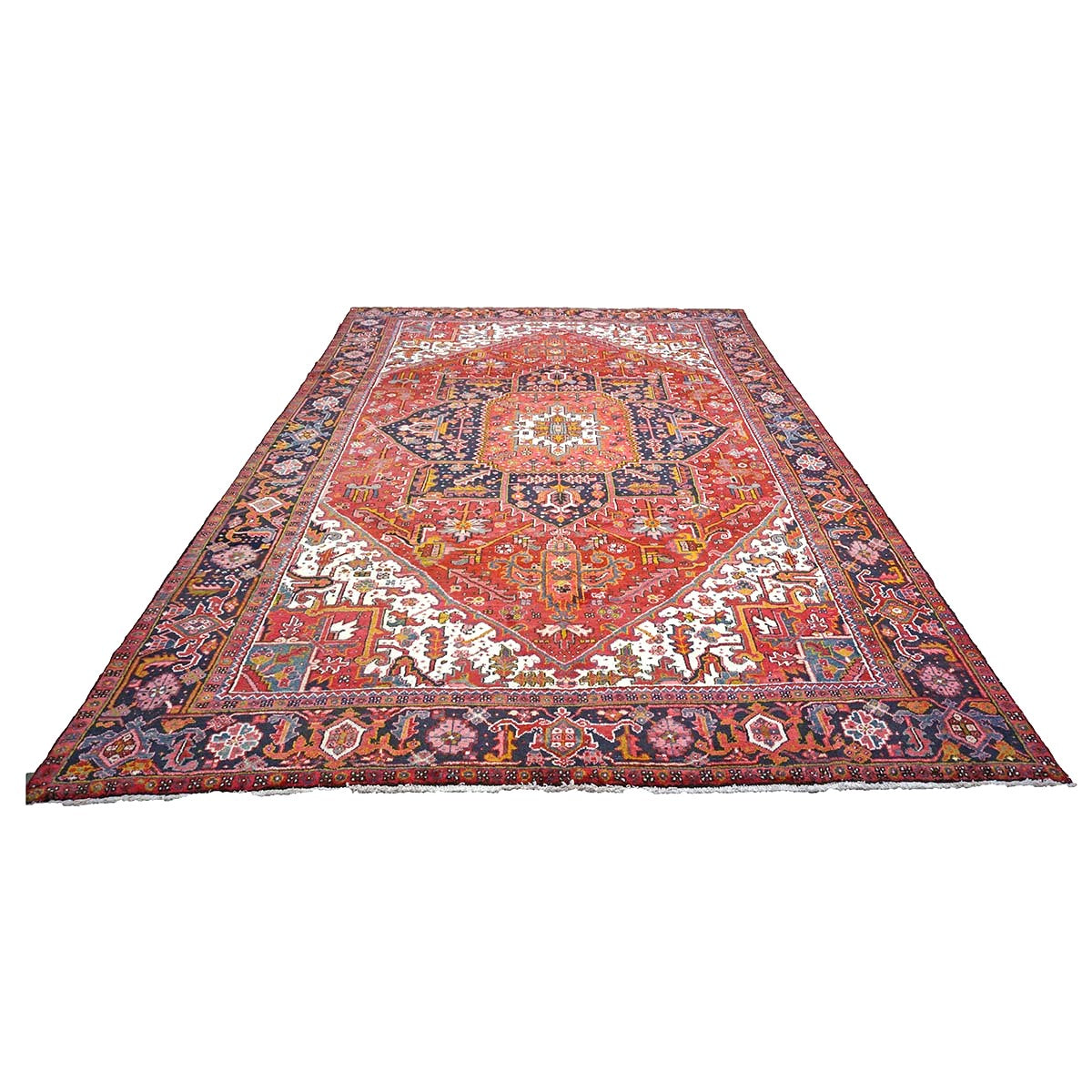 Antique Persian Heriz Wool 9x13 Red, Navy & Ivory Handmade Area Rug #9902430