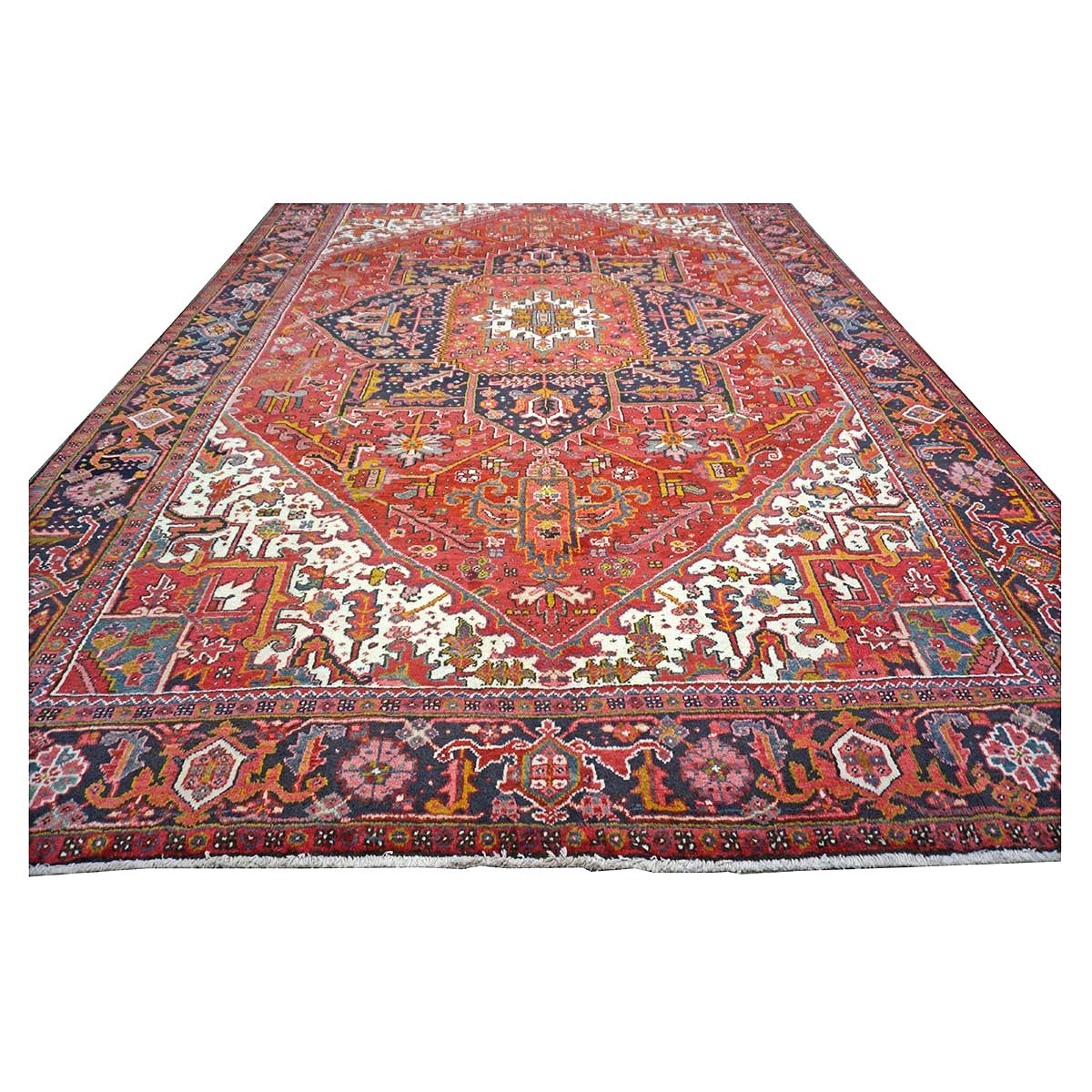 Antique Persian Heriz Wool 9x13 Red, Navy & Ivory Handmade Area Rug #9902430