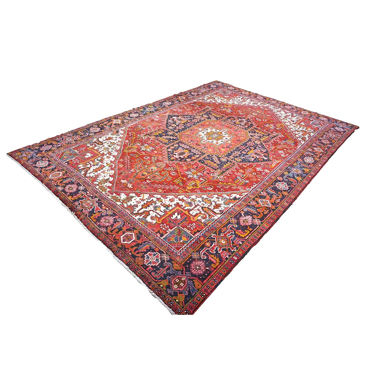 Antique Persian Heriz Wool 9x13 Red, Navy & Ivory Handmade Area Rug #9902430