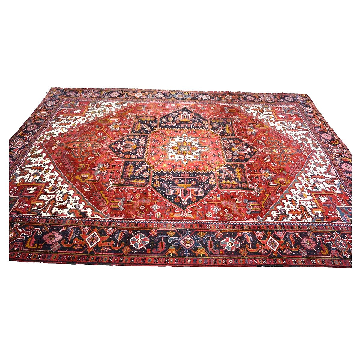 Antique Persian Heriz Wool 9x13 Red, Navy & Ivory Handmade Area Rug #9902430