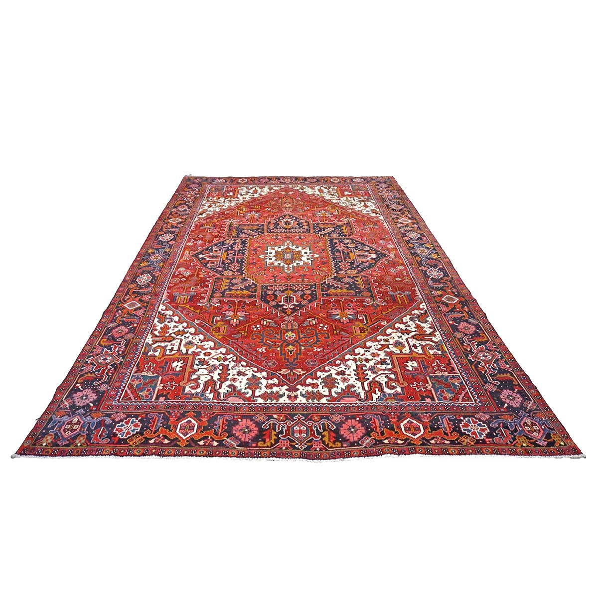 Antique Persian Heriz Wool 9x13 Red, Navy & Ivory Handmade Area Rug #9902430