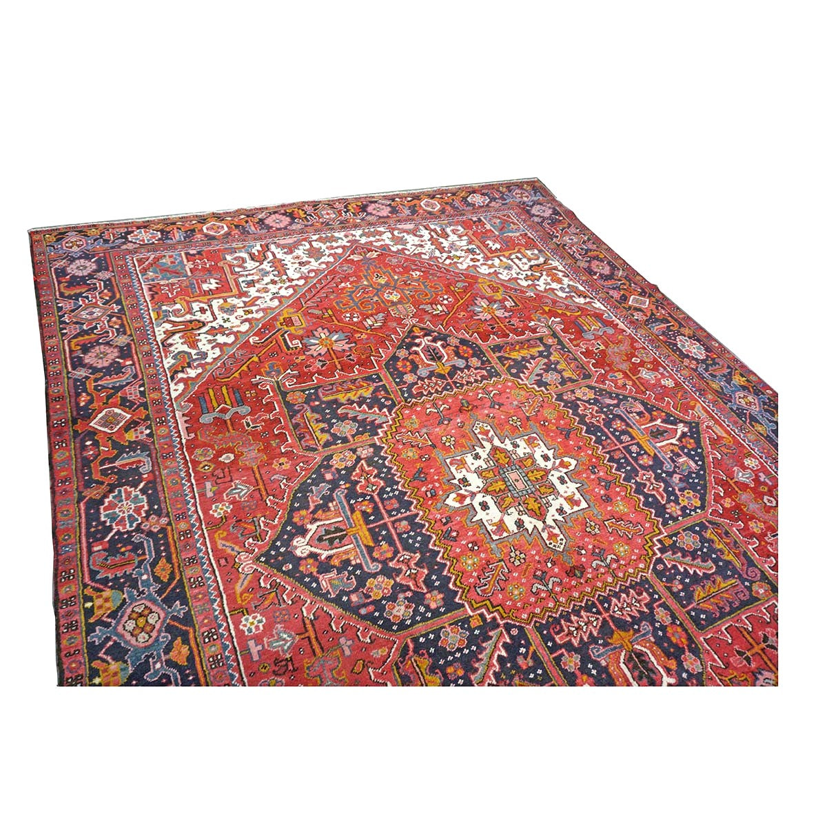 Antique Persian Heriz Wool 9x13 Red, Navy & Ivory Handmade Area Rug #9902430