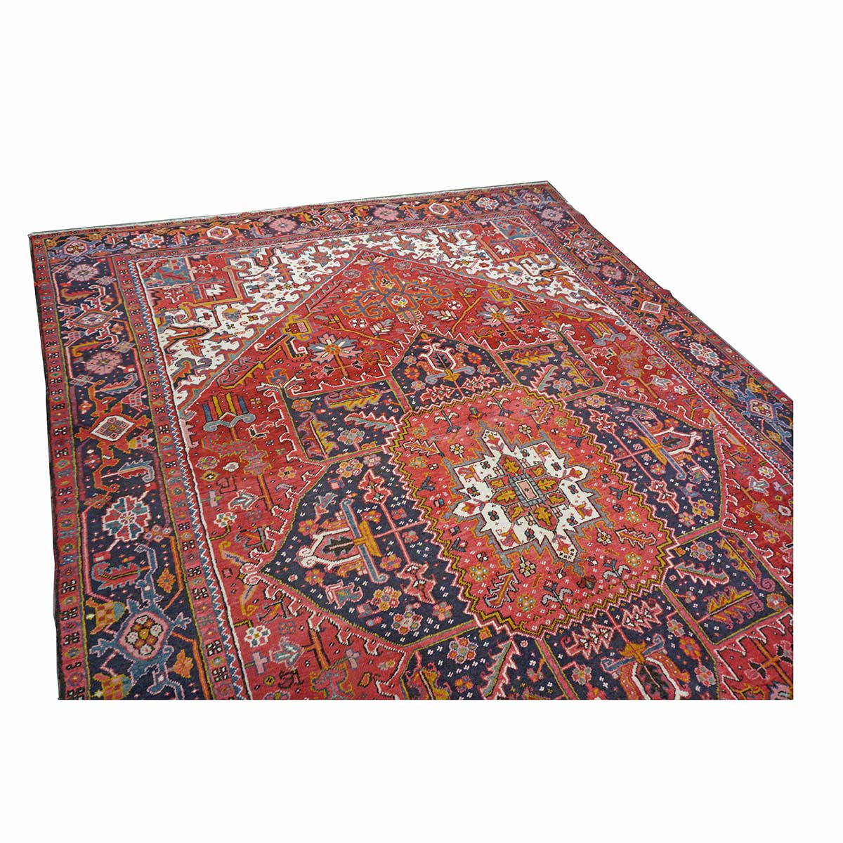 Antique Persian Heriz Wool 9x13 Red, Navy & Ivory Handmade Area Rug #9902430