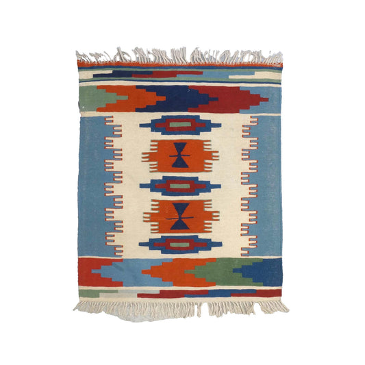 Turkish Kilim Flatweave Wool 3x5 Ivory & Blue Handmade Area Rug # 9902463