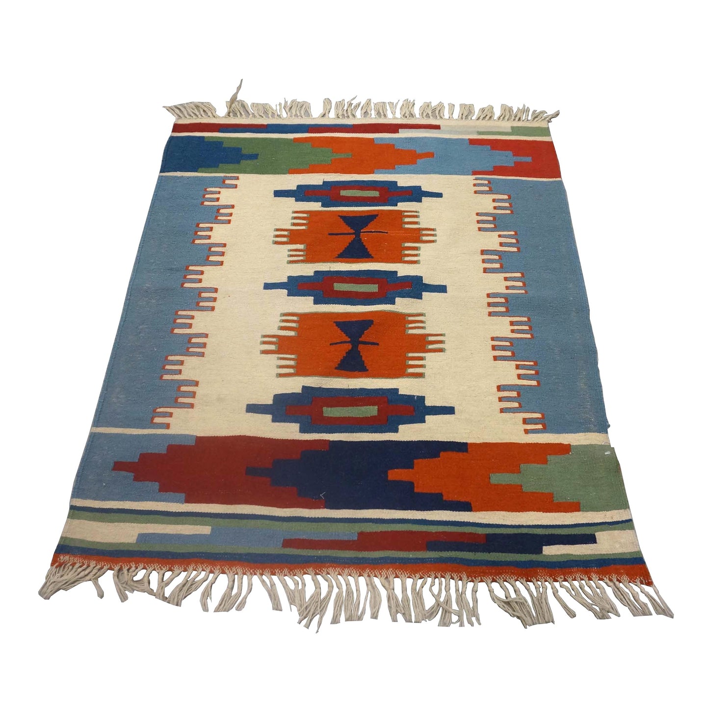 Turkish Kilim Flatweave Wool 3x5 Ivory & Blue Handmade Area Rug # 9902463