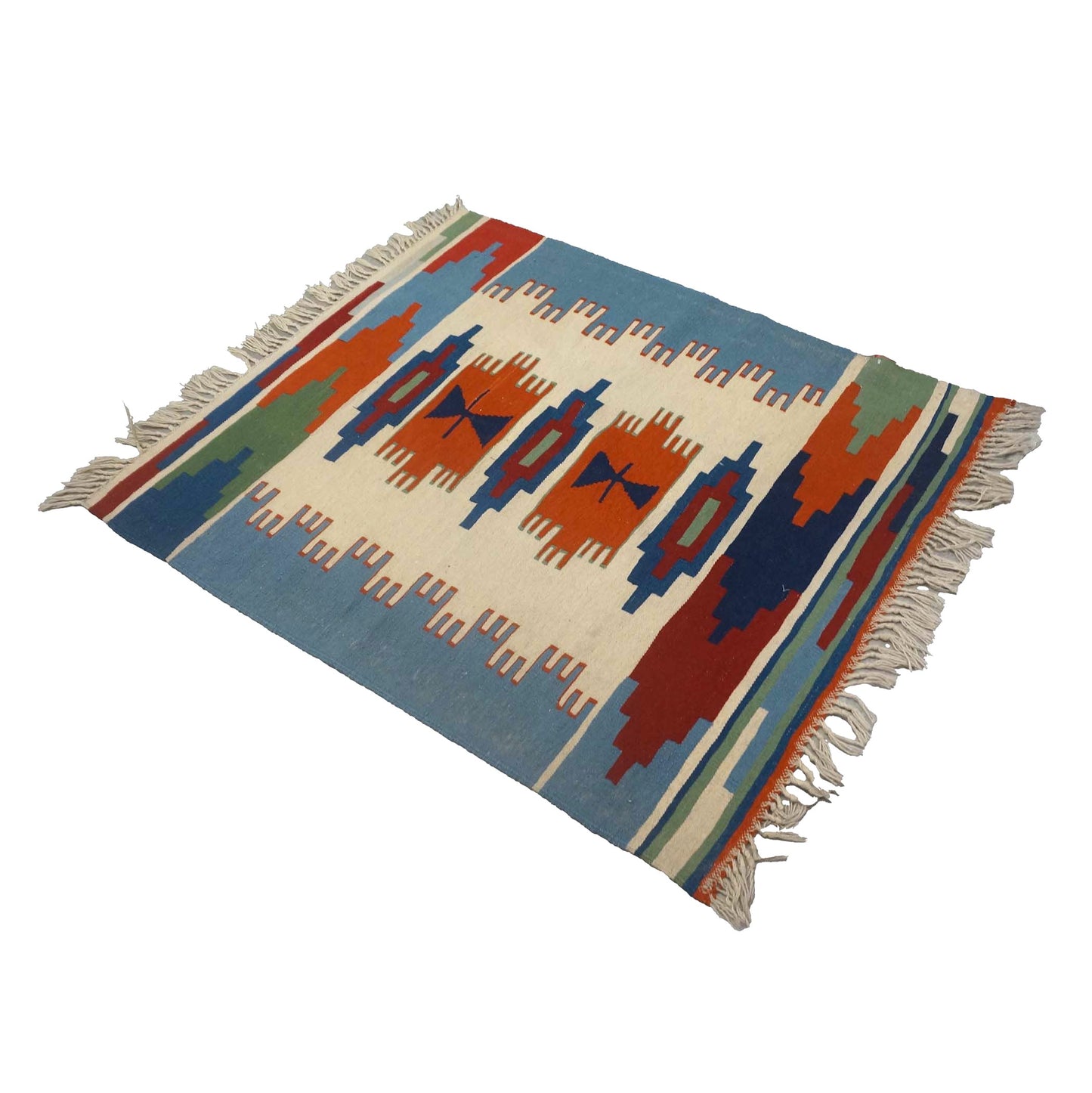 Turkish Kilim Flatweave Wool 3x5 Ivory & Blue Handmade Area Rug # 9902463