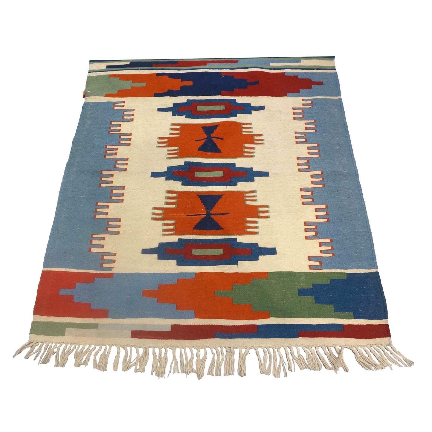 Turkish Kilim Flatweave Wool 3x5 Ivory & Blue Handmade Area Rug # 9902463