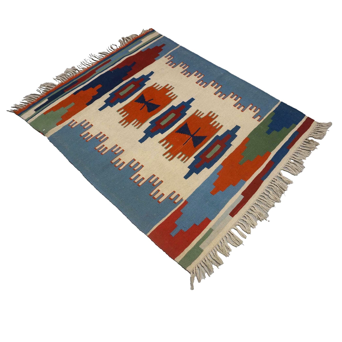 Turkish Kilim Flatweave Wool 3x5 Ivory & Blue Handmade Area Rug # 9902463