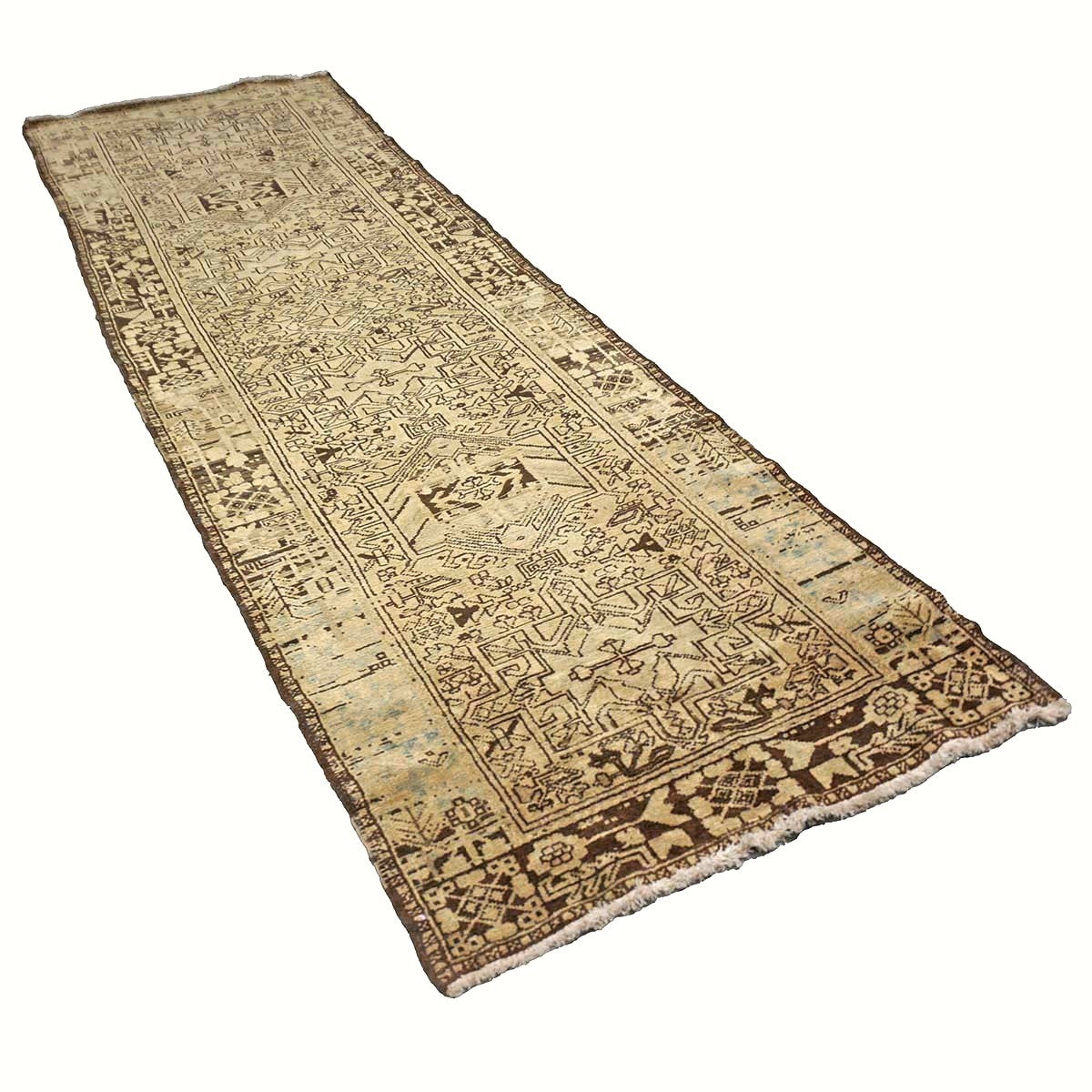 Antique Persian Karajeh Wool 3x10 Tan & Brown Handmade Runner Rug # 9902485