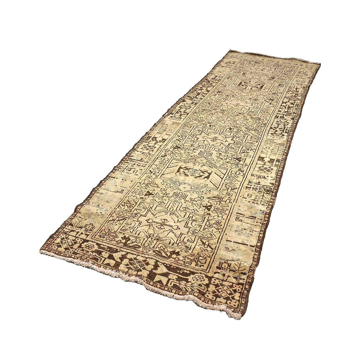 Antique Persian Karajeh Wool 3x10 Tan & Brown Handmade Runner Rug # 9902485