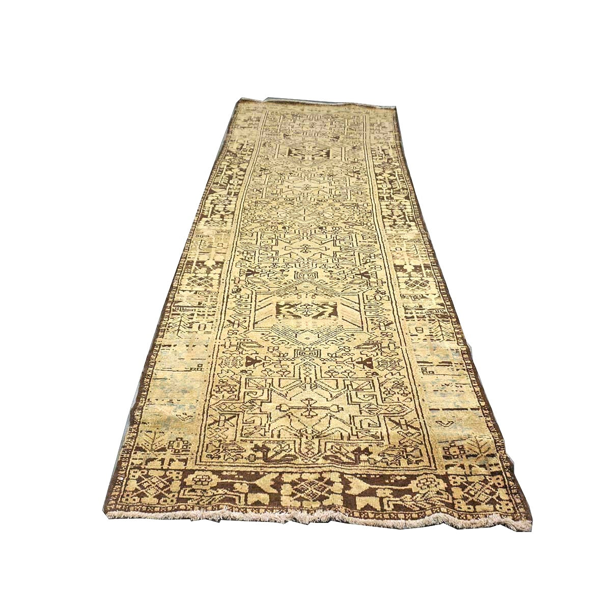 Antique Persian Karajeh Wool 3x10 Tan & Brown Handmade Runner Rug # 9902485