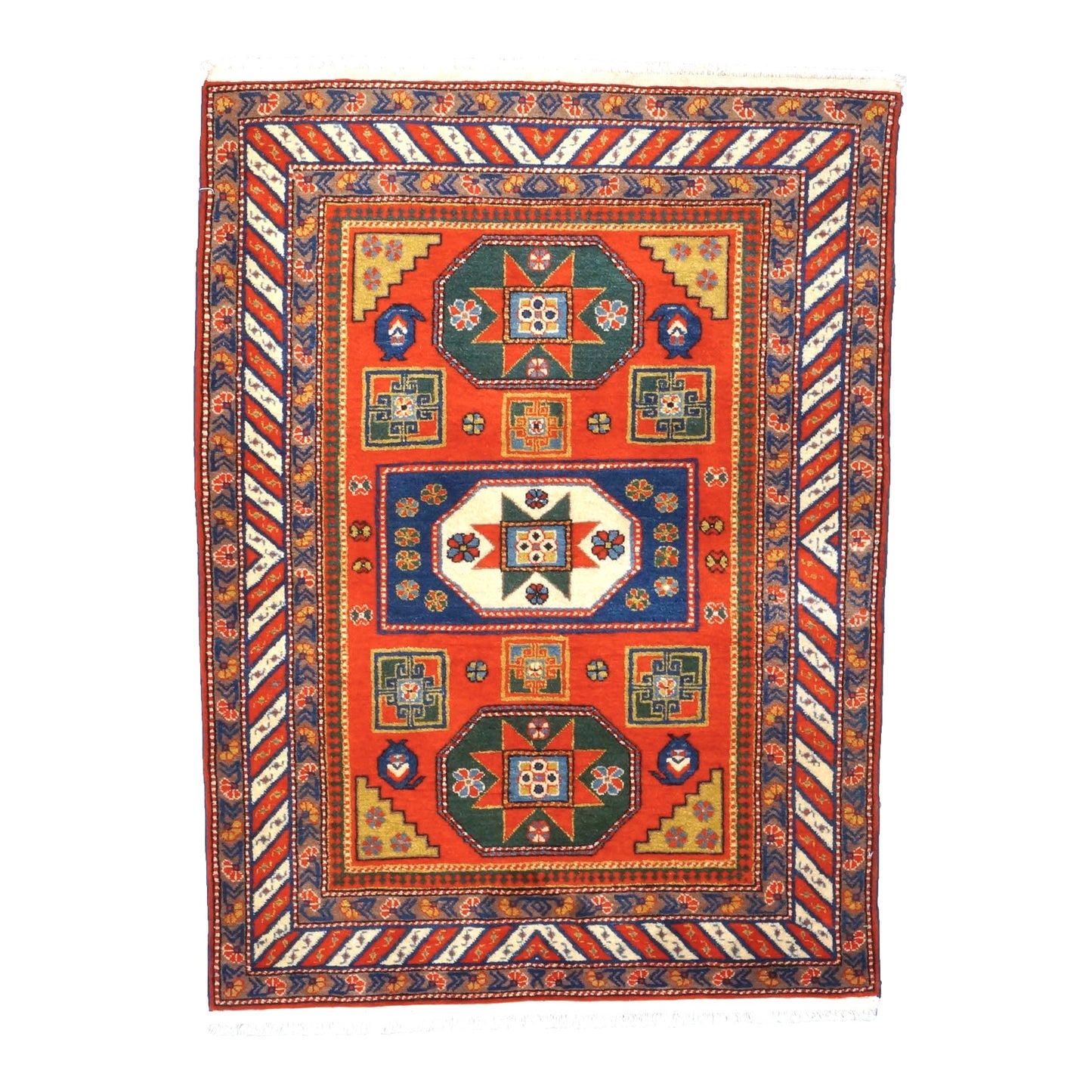 Antique Azerbaijani Kazak Wool 4x5 Orange & Navy Handmade Area Rug #9902490