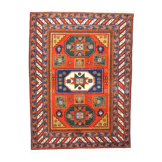 Antique Azerbaijani Kazak Wool 4x5 Orange & Navy Handmade Area Rug #9902490