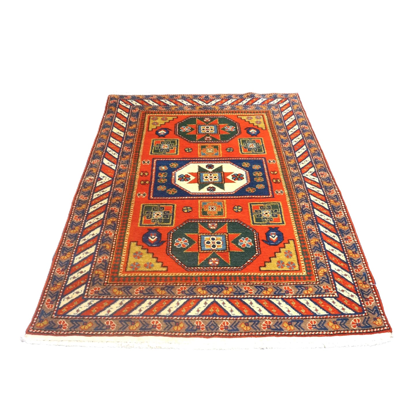 Antique Azerbaijani Kazak Wool 4x5 Orange & Navy Handmade Area Rug #9902490