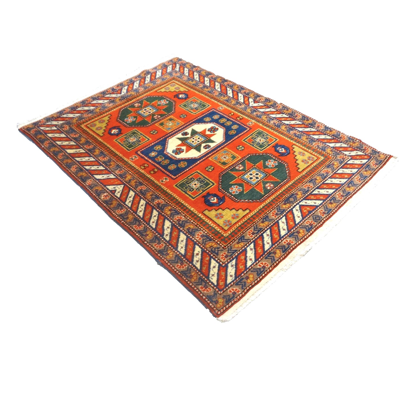 Antique Azerbaijani Kazak Wool 4x5 Orange & Navy Handmade Area Rug #9902490