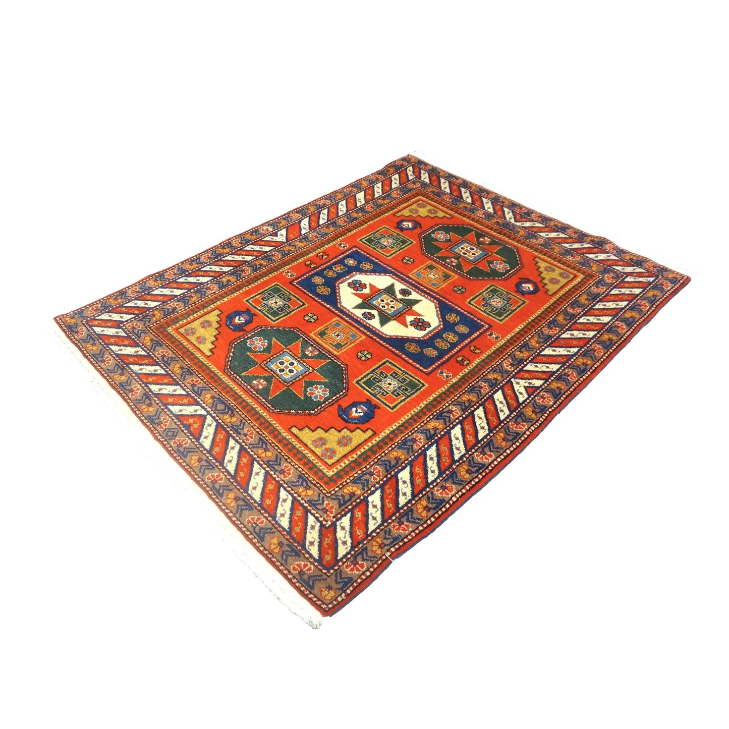 Antique Azerbaijani Kazak Wool 4x5 Orange & Navy Handmade Area Rug #9902490